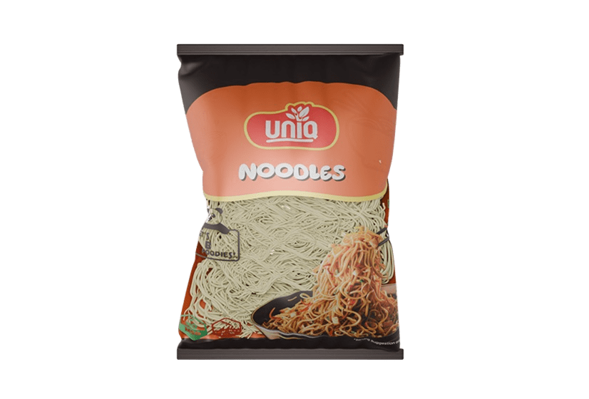 Hakka Noodles packaging by Uniq Foods – healthy steamed noodles in 180g 500g and 1kg sizes